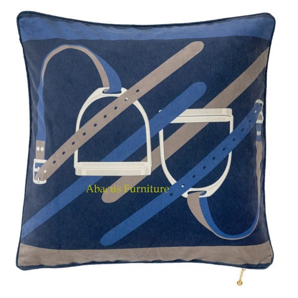 In Stock Stirrup Navy Velvet Pillow For Sale