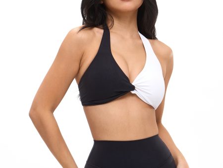 Poshknit Twist Halter Sports Bra - Black   White Cheap